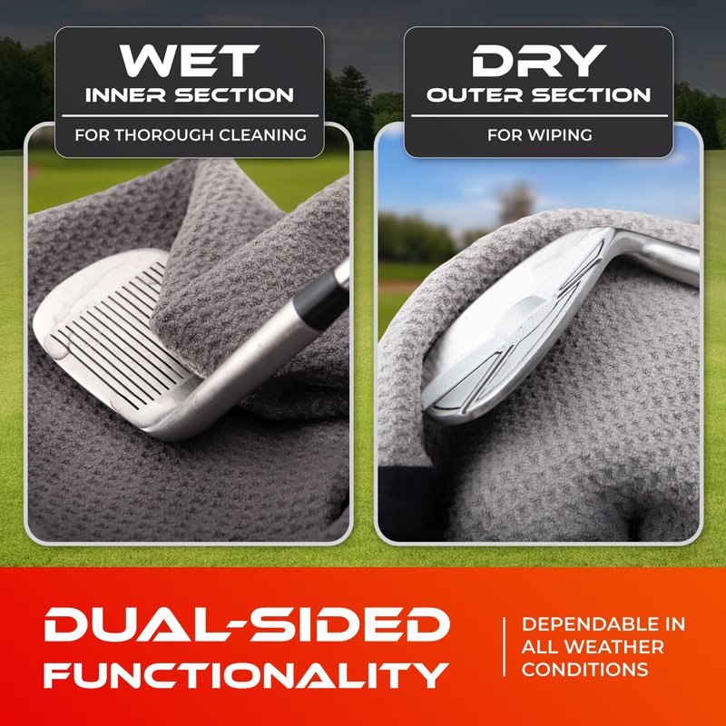 SWIFTEE Ultimate 4-in-1 Premium Golf Towel with Built-in Brush, Magnet, Ball Marker & Carabiner - 760GSM Microfibre Waffle Towel with Inner Wet Dry Liner (Grey)