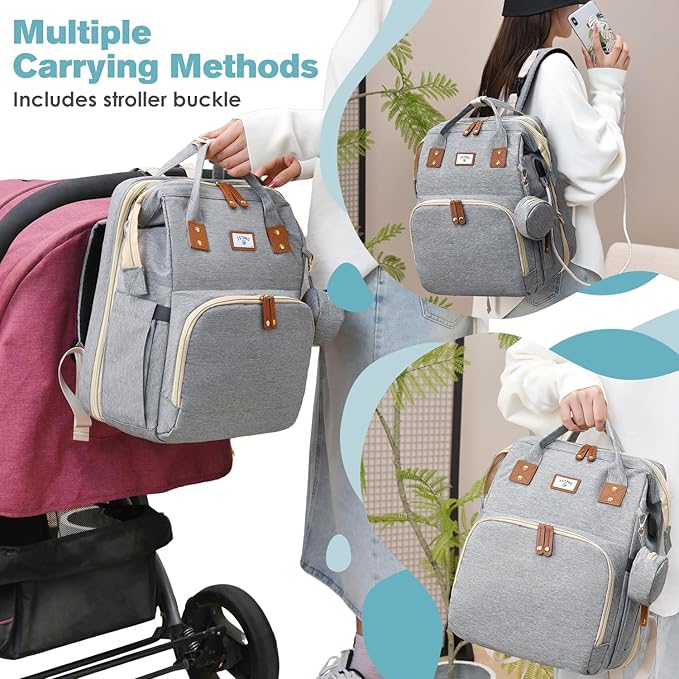 Diaper Bag Backpack, Large Waterproof Lightweight Diaper Bag with Changing Station, Insulated Pockets, USB Port & Stroller Straps, Travel Baby Bag for Mom and Dad, Baby Shower Gifts (Grey)