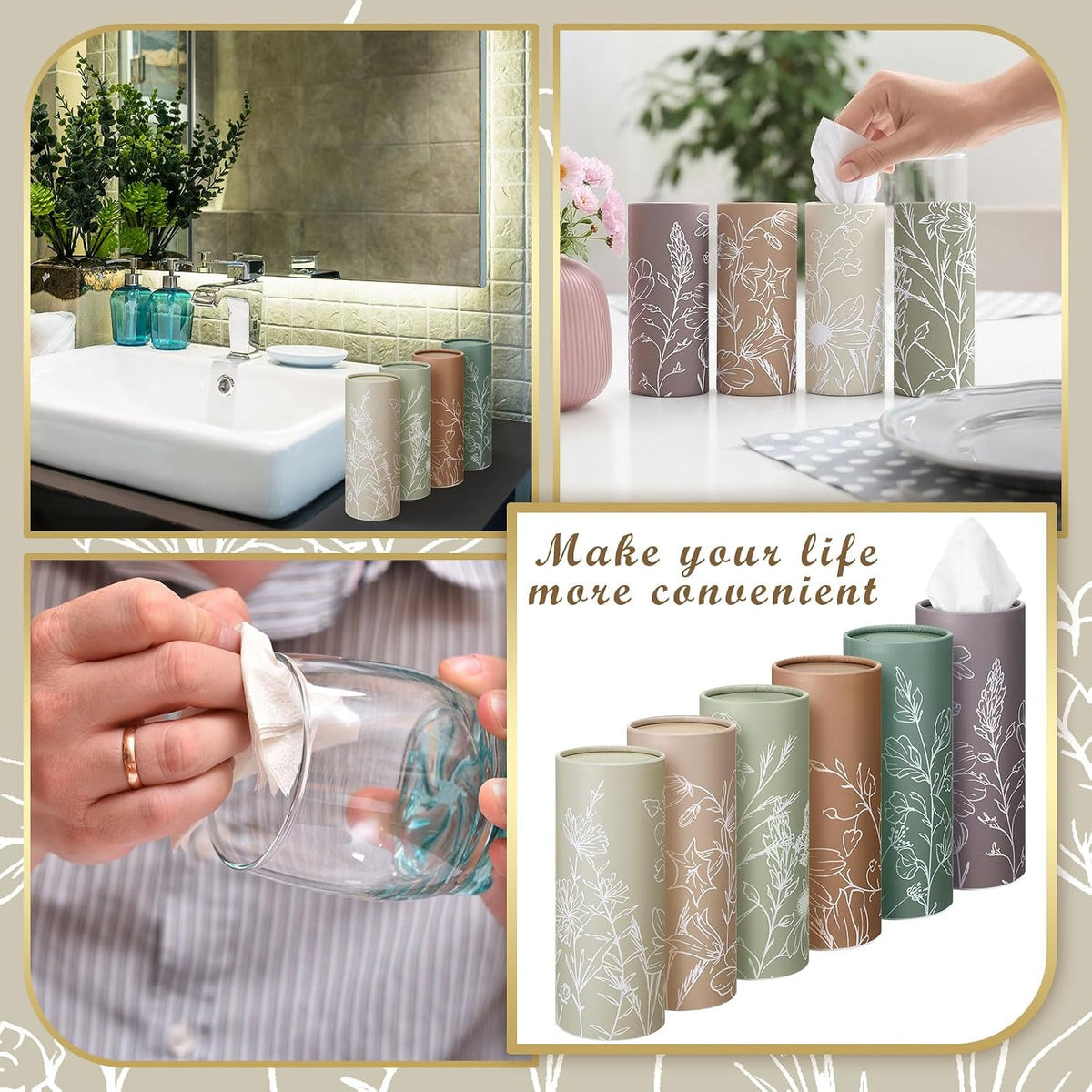 Fourluoo 12 Pack Flower Line Art Tissue Boxes for Car Cylinder Bulk Colorful Floral Round Cylinder Holder with 3 Ply Facial Tissues for Spring Summer Travel Bathroom Office Decoration