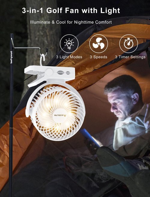 Magnetic Clip on Fan for Golf Cart, 12000mAH Battery Operated Portable Fan with 3 Speeds, LED Lantern, Magnetic Base, Suitable for EZGO Club Car Yamaha, Golf Cart & Cruise Ship Accessories
