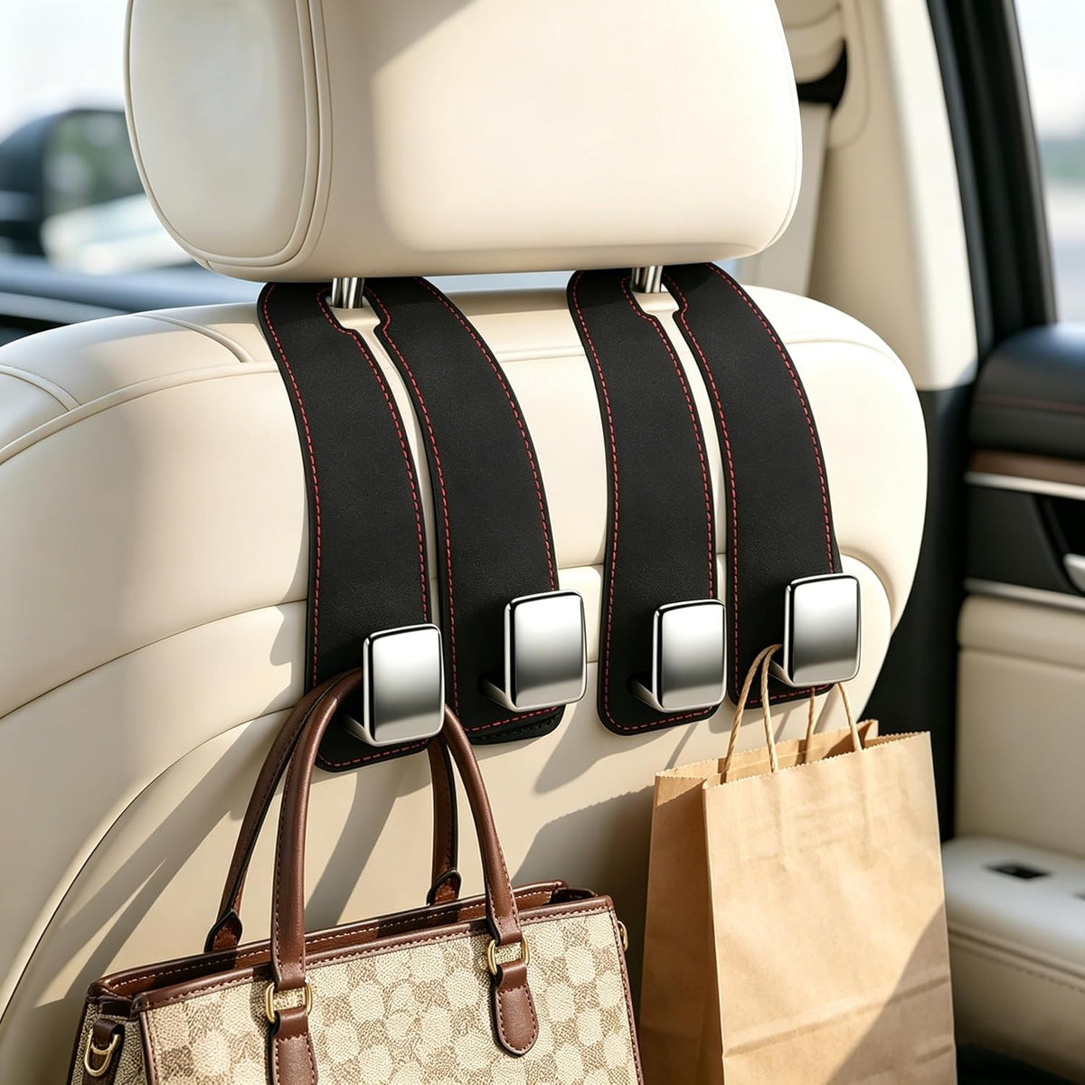 Amooca Car Headrest Hooks 4-Pack Suede Seat Organizer with Metal Core