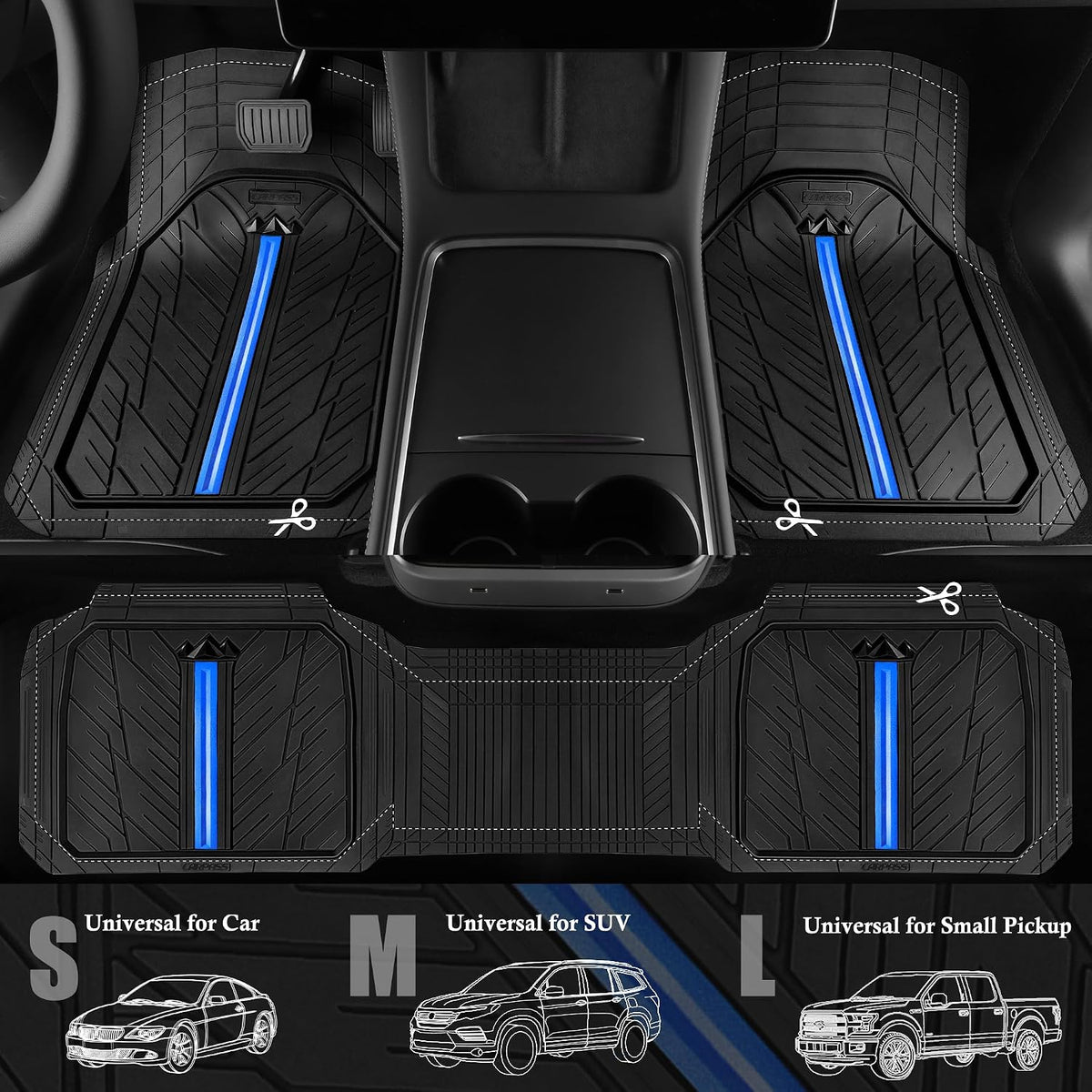 CAR PASS Rubber Floor Mats for Cars, Car Mats Full Sets DeepDish,Universal S~L Size Trim-to Fit Automotive Floor Mat for Truck Van SUV, Heavy Duty Waterproof All-Weather Floor liner Durable Black Blue