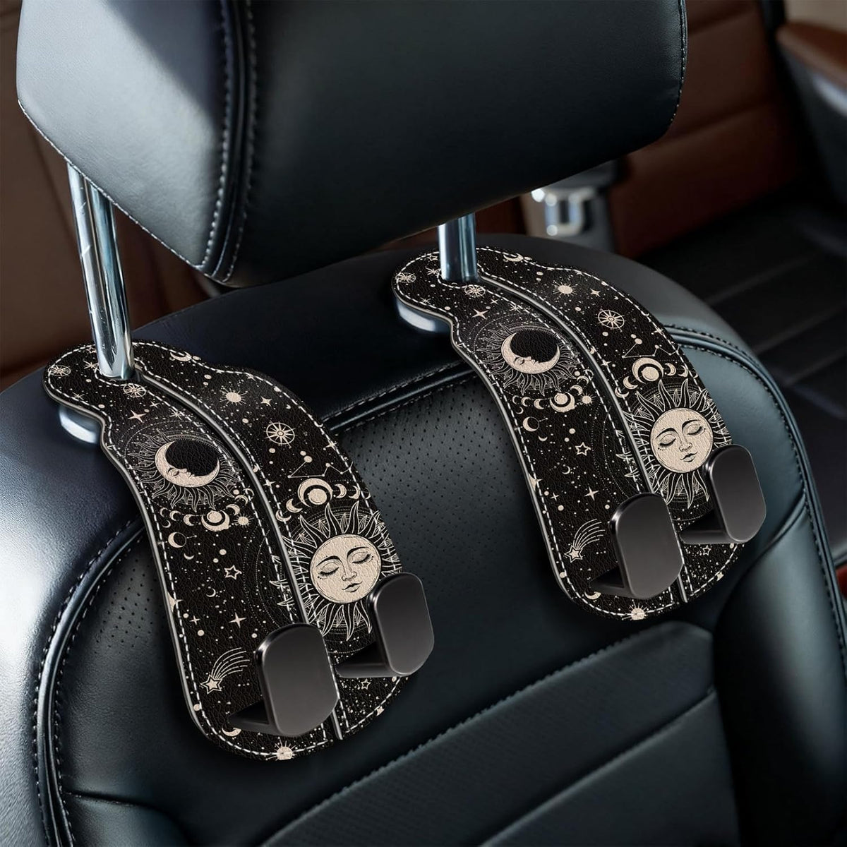 Blusabaca 2PCS Car Seat Back Storage Headrest Hooks, Sun and Moon Purse Holder Bags Hanger, PU Leather Double Metal Hook for Backseat Organizer, Women Car Accessories Organization