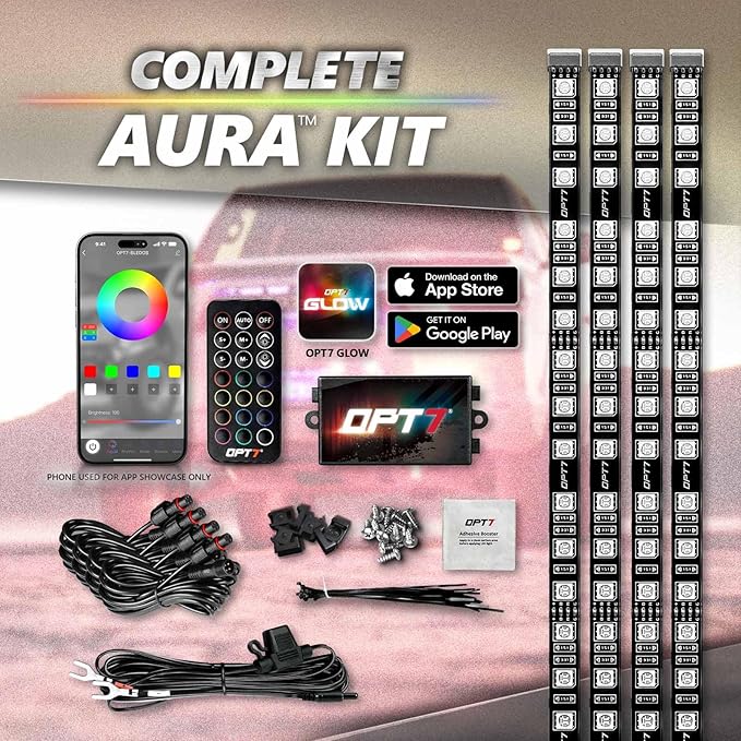 OPT7 Aura Pro RGB LED Grille Lights with App & Remote Control, 4pcs 12" Light Strips, Waterproof Front Grill Valence, Music Sync, Multi-Color Exterior Lighting Kit, Universal for Cars Trucks Vans SUV
