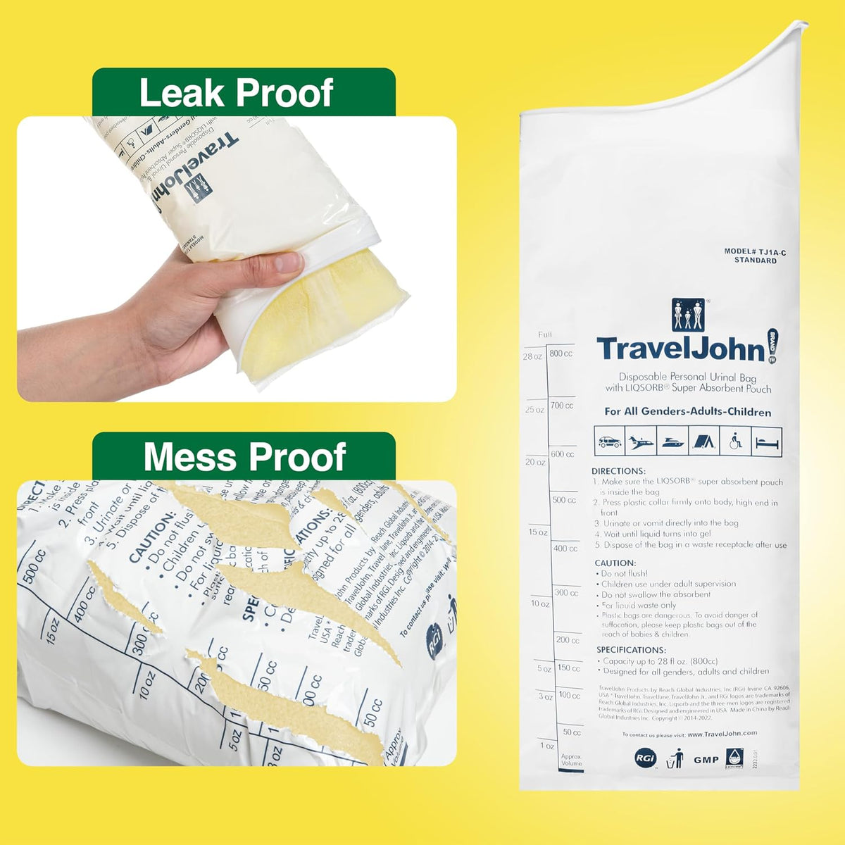 TravelJohn Disposable Urinal Bags – Road Trip Essentials for Men, Women & Kids – Odorless Leakproof Portable Urine Bags – Ideal for Camping, Emergencies & Long Car Rides (TJ1A-C)