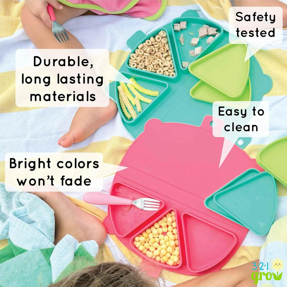 Silicone On-The-Go Snack Mat – Foldable Reusable Placemat with 3 Compartments and Lids – Travel-Friendly Baby and Toddler Snack Plate – Dishwasher Safe (Cotton Candy)