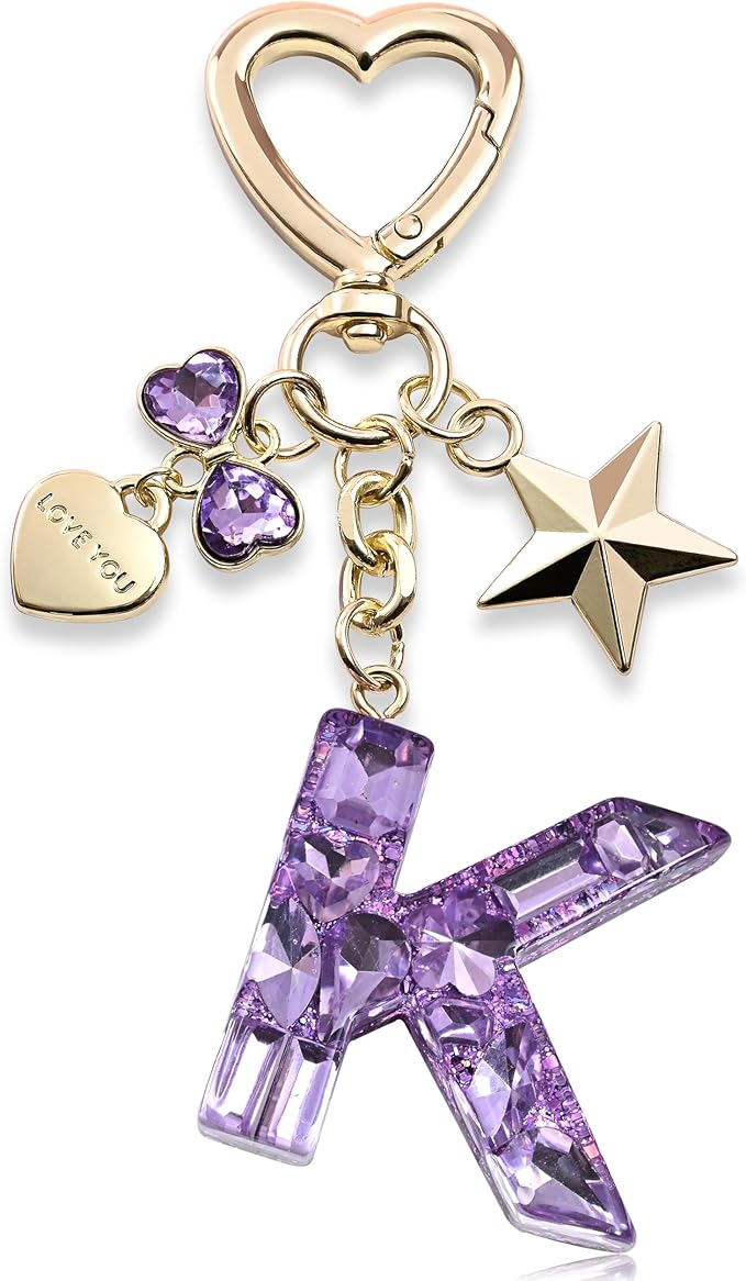 Cute Bling Keychain initial Letter Butterfly Star Pink Purple Gift for Women Girls Bag Cup Charms Accessories