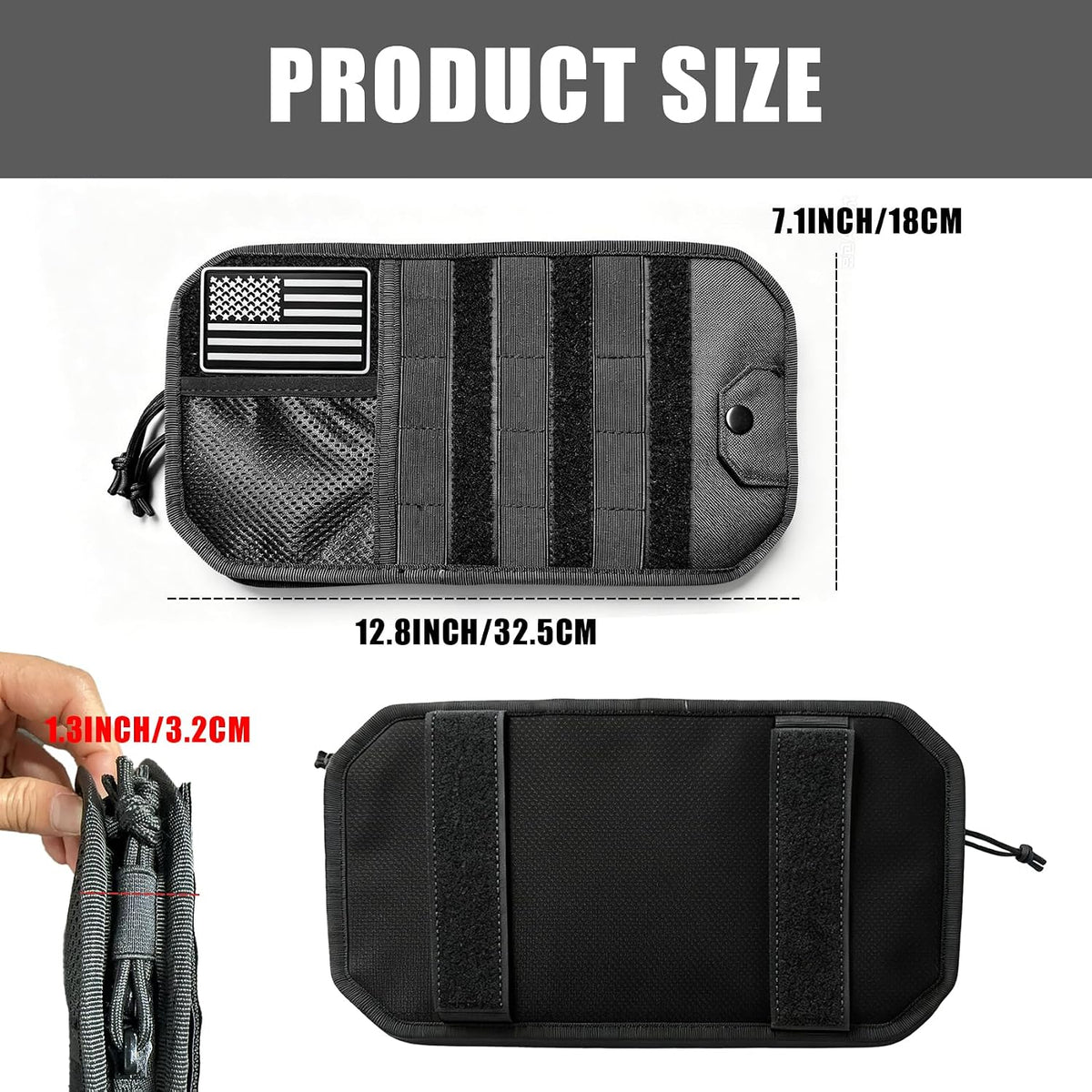 MOLLE Car Sun Visor Organizer, Multi-Pocket Storage Pouch with Zippered Compartment, Sunglasses Holder and Clear Window, Universal Visor Storage Bag for Cars, Trucks and SUVs (Black)