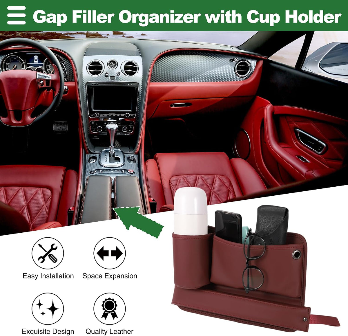 Motoforti Universal Car Seat Gap Filler Organizer Front Seat Gap Filler with Cup Holder Car Storage Accessories, Driver Side, Faux Leather, Wine Red