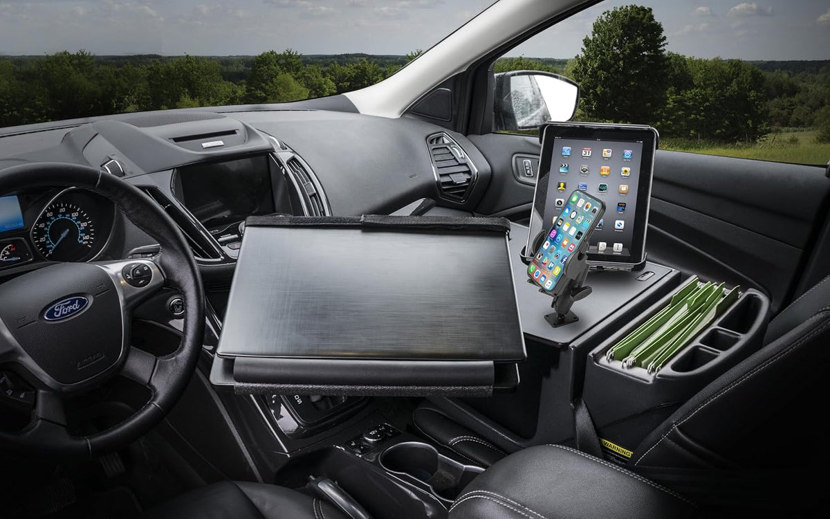AutoExec Reach Car Desk for Your Vehicle Workstation and Mobile Office, Front Seat, Black with Phone Mount and Tablet Mount