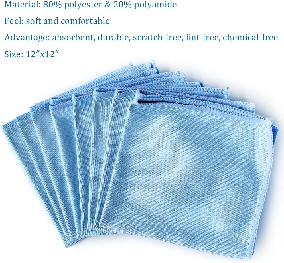 Auto Care Microfiber Glass Cleaning Cloths Towels for Windows Mirrors Windshield Computer Screen TV Tablets Dishes Camera Lenses Chemical Free Lint Free Scratch Free (12"x12", Blue, 8 Pack)