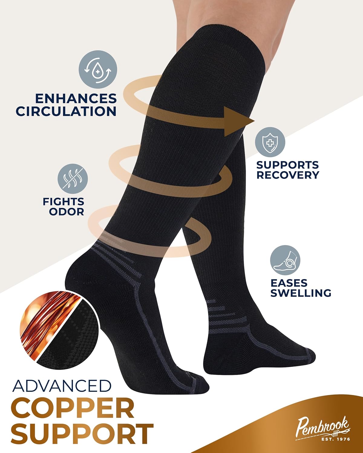 Pembrook Copper Compression Socks for Men - 20-30 mmHg | Ideal for Running, Hiking, and Travel