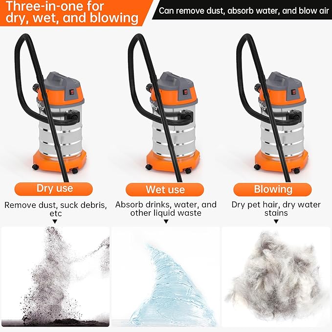 3200W Wet Dry Vacuum Cleaner 10 Gallon 8HP Peak Horsepower Stainless Steel Shop Vac for Garage, Car, Home & Workshop High Suction Power 360° Swivel Wheels, Blower Function & Multiple Attachments