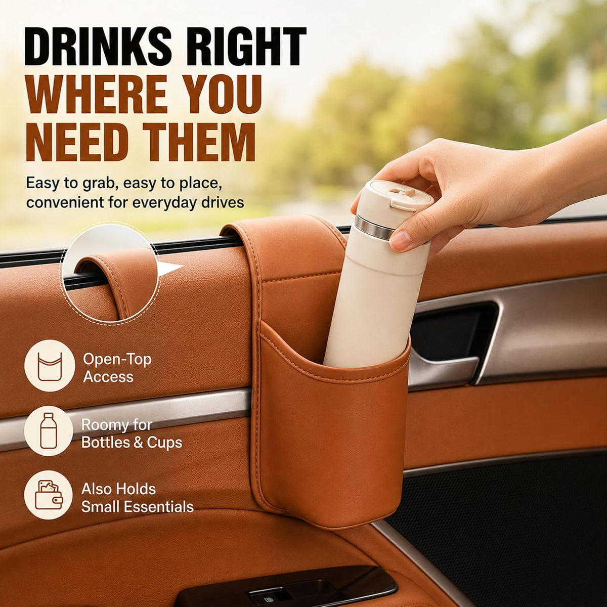 Leather Car Door Cup Holder, Wide‑Mouth Opening Car Storage Pocket for Drinks & Phone，Black