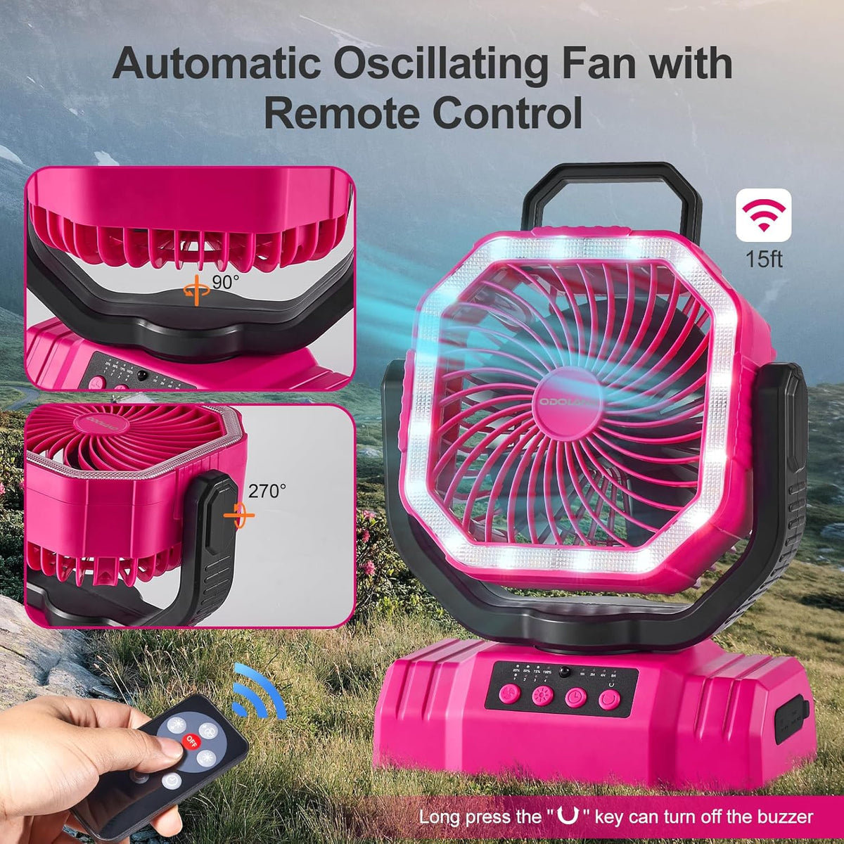 Odoland Portable Camping Fan - 20000mAh Rechargeable Battery, LED Lantern, 360° Rotation, Pink