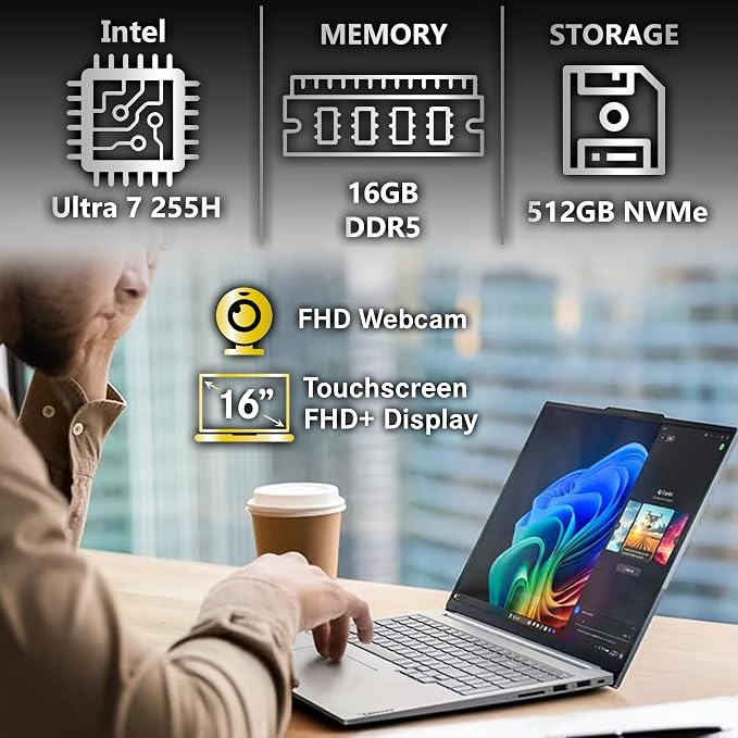 Lenovo ThinkBook 16 Gen 8 AI Business Laptop, 16” Touchscreen FHD+, Intel Ultra 7 255H, 16GB DDR5 RAM, 512GB SSD PCIe, WiFi 6E, HDMI, Fingerprint Reader, Backlit KB, Webcam, Win 11 Pro
