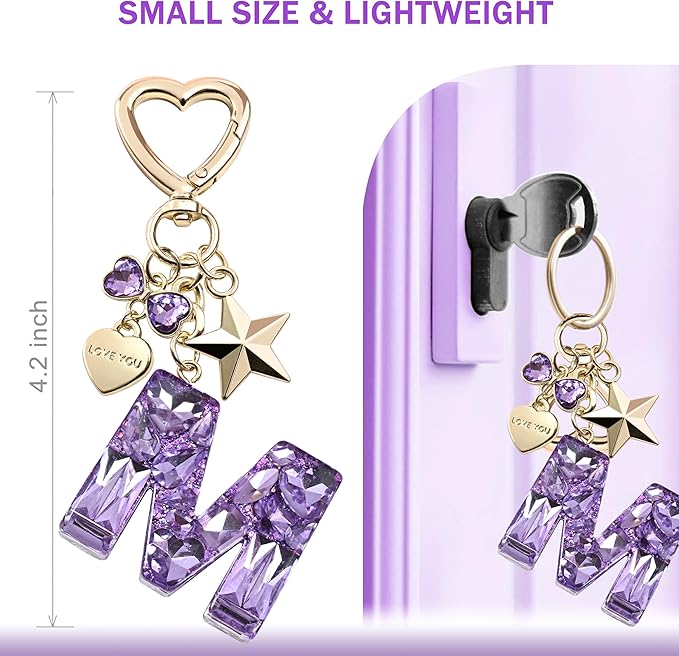 Cute Bling Keychain initial Letter Butterfly Star Pink Purple Gift for Women Girls Bag Cup Charms Accessories