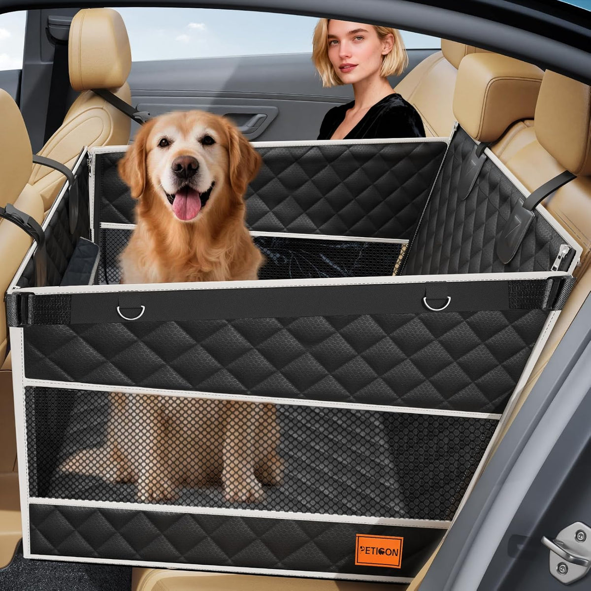PETICON Dog Car Seat for Large Medium Dogs, One-Piece Hard Bottom Back Seat Extender for Dogs with 2 Mesh Windows, Waterproof Pet Carseat with Storage Pocket for Cars, SUVs and Trucks