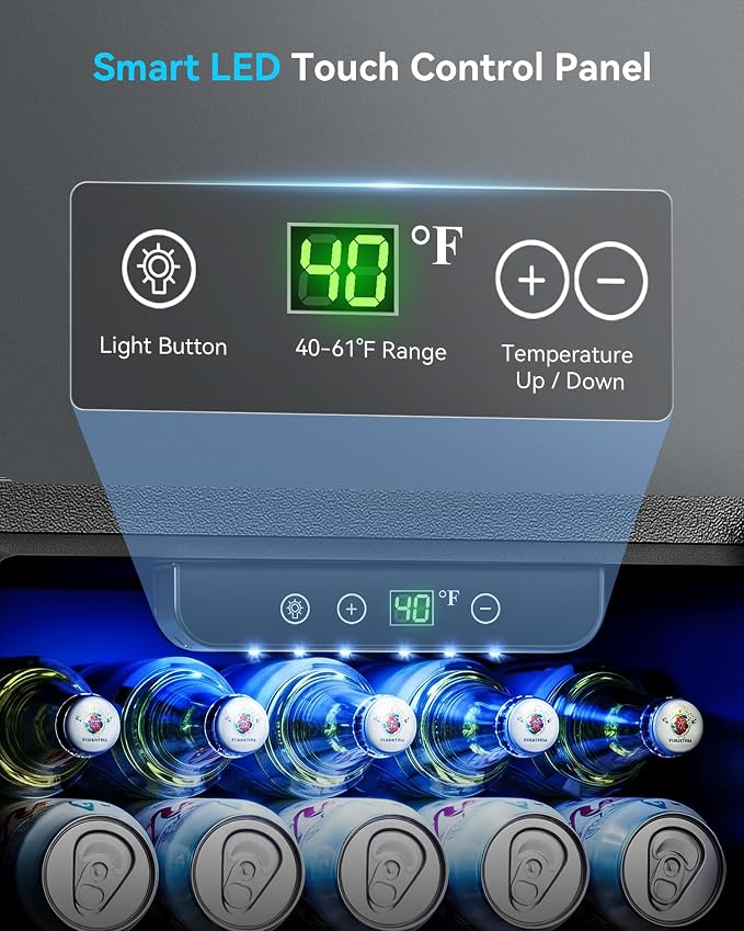 Feelfunn 50 Can Beverage Refrigerator, 1.3CuFt Mini Fridge with Glass Door | 40-61°F, ≤38dB, fast even cooling, removable shelf. For soda, beer, wine, 50 cans or 12 bottles in bedroom, office, dorm