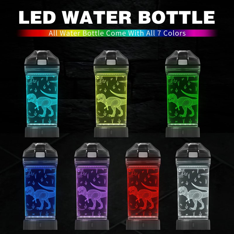 YuanDian Dinosaur Water Bottle, Light Up Boy Drinking Cups with 3D Dinosaur Night Light- 14 OZ Tritan BPA Free Eco-Friendly - Cool Jurassic Merchandise Gift for School Kids Boy Girl