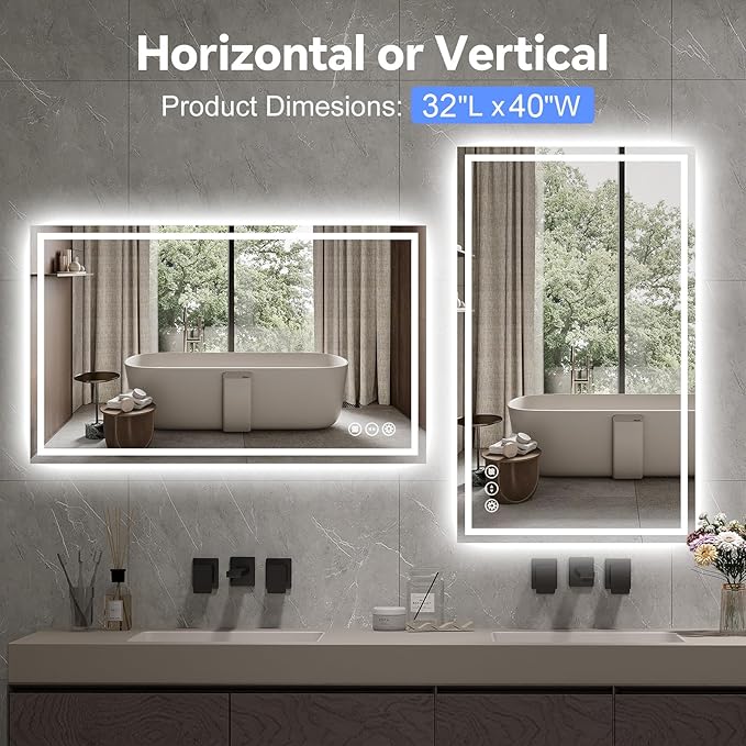 LED Bathroom Mirror 32x40 Inch Anti-Fog Bathroom Mirror with Lights, Wall Mounted Lighted Vanity Mirrors, Dimmable, Backlit + Front Lit, Smart Bathroom Vanity Mirror with 3 Colors Temperature