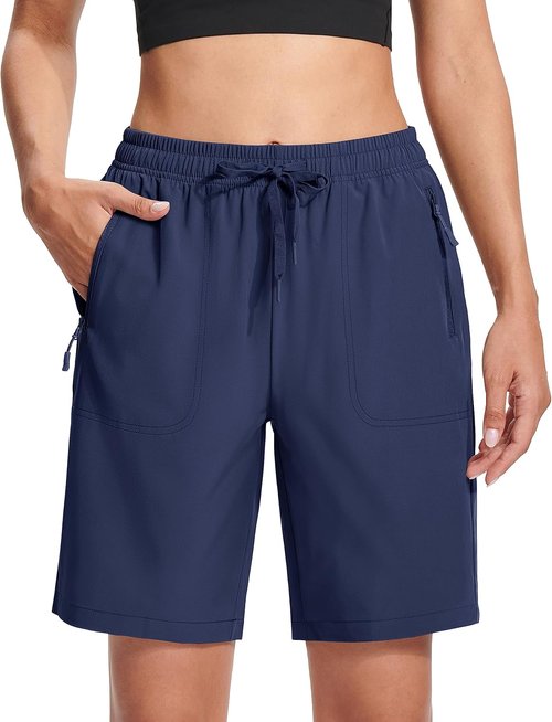 MAGCOMSEN Women's Hiking Shorts - Lightweight Quick-Dry, Water-Resistant with 3 Zipper Pockets - 8" Length