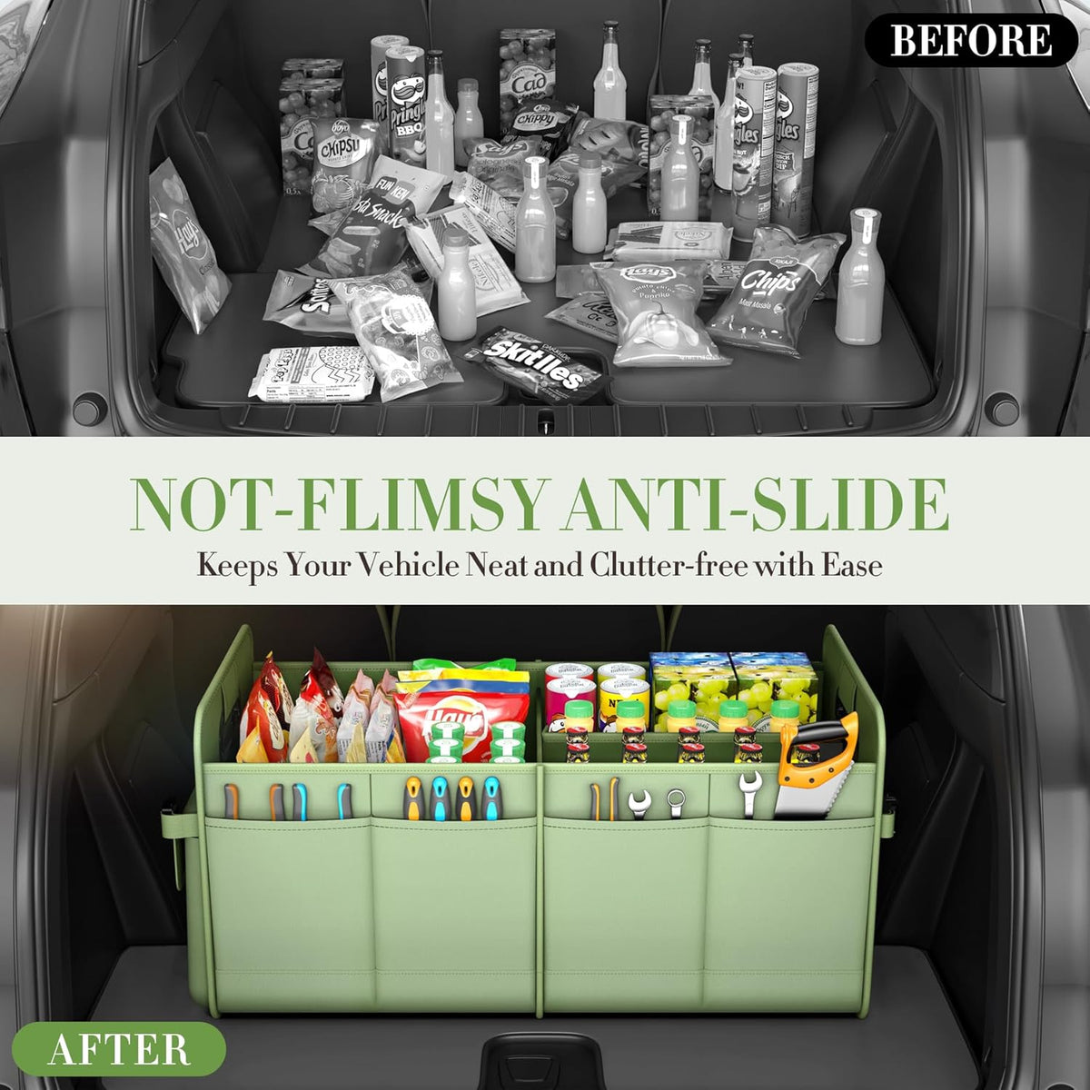 titiyiof Trunk Organizer For Suv & Sedan,Car Organizers and Storage, Waterproof Collapsible & Adjustable Straps,70L Sturdy Car Organization for Car Accessories, Tools,Sundries,2-3Compartment（Green
