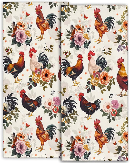 Cute Rooster Hand Towels - 2 Pack, 14.5" X 28",Soft Microfiber Polyester Farmhouse Towel Set with Chicken Floral Pattern,for Rustic Bathroom Kitchen Spa Hotel Decor Gifts Women Girls
