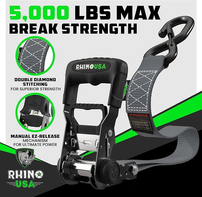 Rhino USA Ratchet Straps Heavy Duty Kit (2-Pack) - 1.6 Inch x 8 Feet Min Break Strength (5,000) - Ultimate Tie Down Straps with Safety S Hooks for Trucks, ATV, UTV, Motorcycle, Cargo & More - Gray