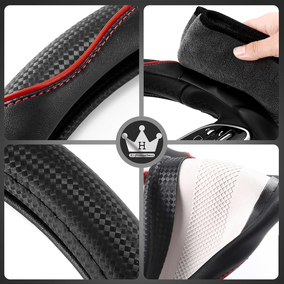 HighnessHwoo 3D Car Steering Wheel Cover Comfort Grip Massage Sporty Anti-Slip Carbon Fiber Faux Leather for Sedan SUV, Universal Fit, Car Handle Covers for All Seasons, 14.75-15.15in, Red