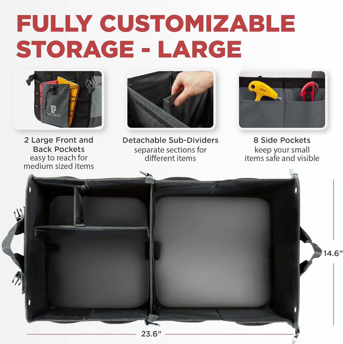 TRUNKCRATEPRO Trunk Organizer For Car, Suv, Truck | Premium Adjustable Multi Compartments Collapsible Car Trunk Organizer With Securing Straps & Non-Slip Bottom (Large Size, Grey)