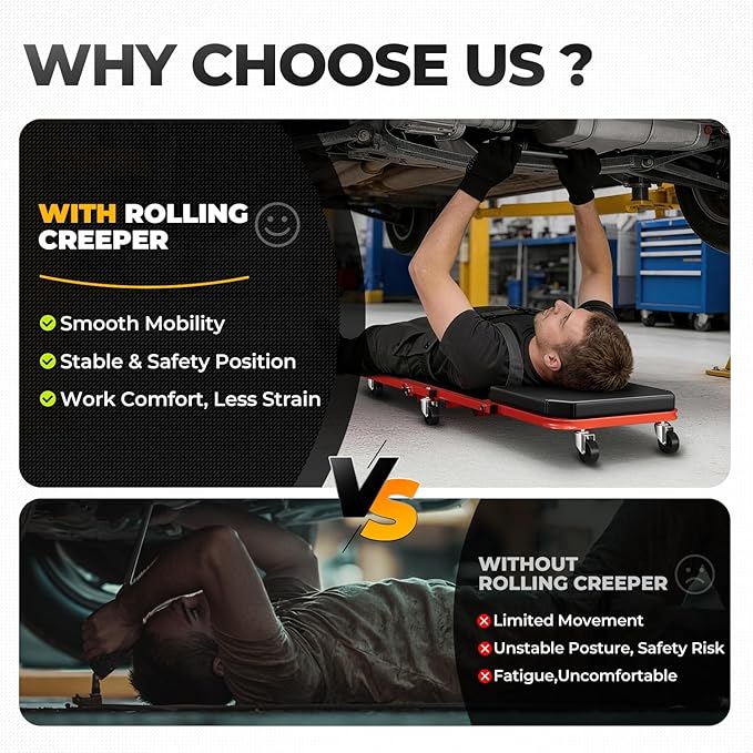 Auto Dynasty 36" Z-Creeper Seat, 2-in-1 Foldable Garage Creeper Shop Seat, 330 LBS Capacity Automotive Mechanic Repair Under Car Rolling Creeper Seat, Red