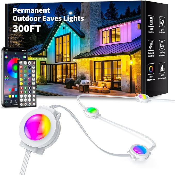 300FT Permanent Outdoor Lights, Smart RGB Eaves Lights with App/Remote Control, LED IP67 Waterproof Outdoor Lighting for Halloween Christmas Holidays Daily Party House Roof Lighting