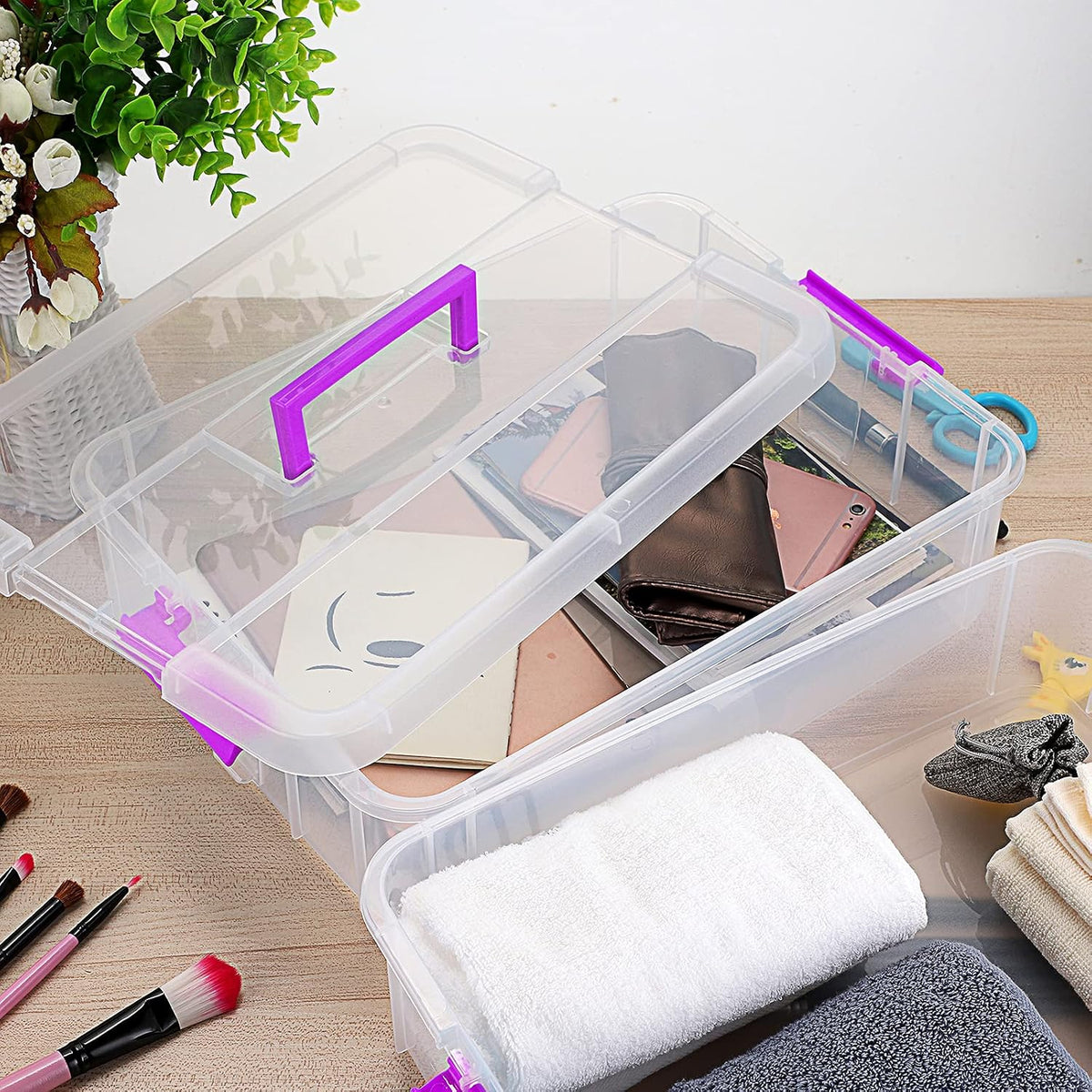 BTSKY 2 Layer Stack & Carry Box, Plastic Multipurpose Portable Storage Container Box Handled Organizer Storage Box for Organizing Stationery, Sewing, Art Craft, Jewelry and Beauty Supplies(Purple)
