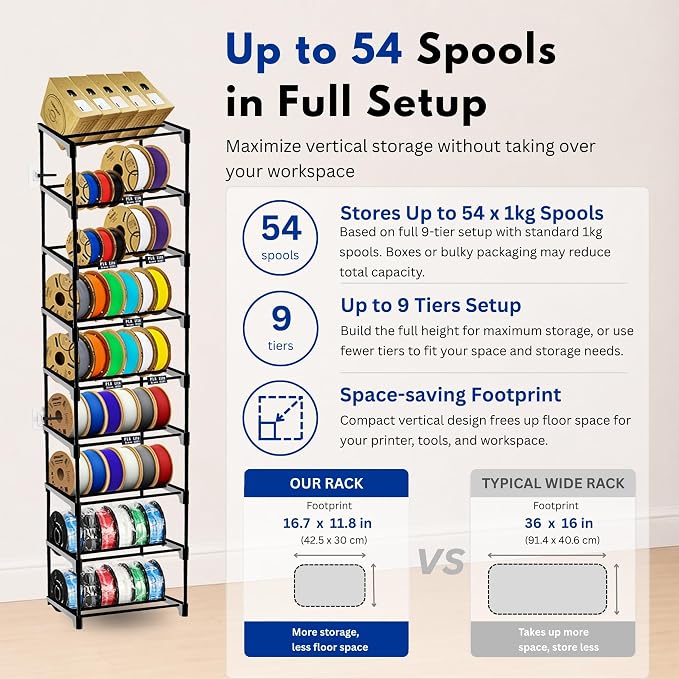 9-Tier 3D Printer Filament Storage Rack, Holds Up to 54 1kg Spools,