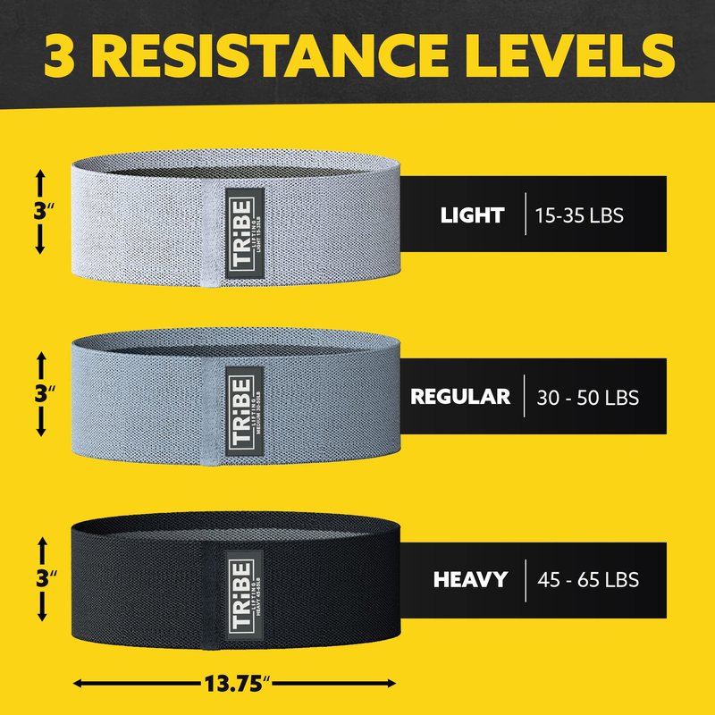Tribe Lifting Resistance Bands for Working Out - 3 Pack Fabric Workout Bands for Women and Men - Booty Bands for Legs and Glute - Non Slip Exercise Bands Set for Squat Hip Thigh (Gray)