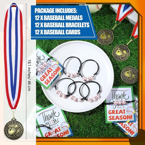 Huquary 12 Pcs Kids Award Medals - Sports Bracelets & Red White Blue Striped Ribbons for Team Competitions