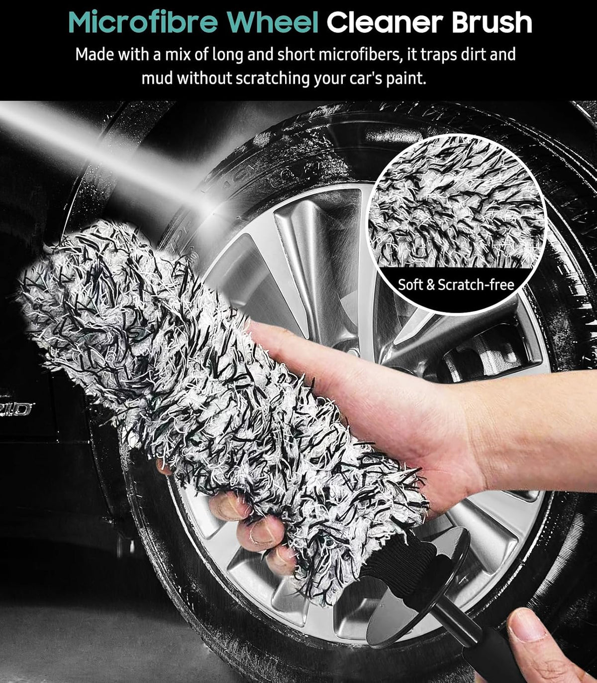 YeewayVeh 3PCS Wheel Cleaning Brush, Microfiber Flat Wheel Rim Cleaner Brush with 2 Extra Replaceable Cover, Car Cleaning Brush Kit for Wheels Tire Fenders Engine Exhaust Tips, Black&White