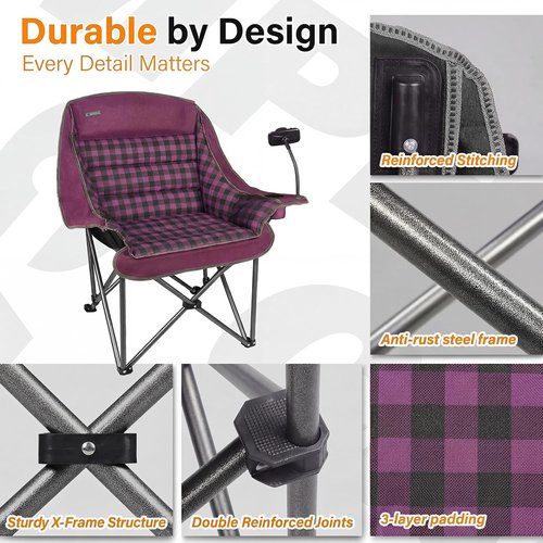 Heavy Duty Oversized Camping Chair by [Brand Name] - Extra Large Folding Padded Chair in Purple Plaid for Outdoor Comfort