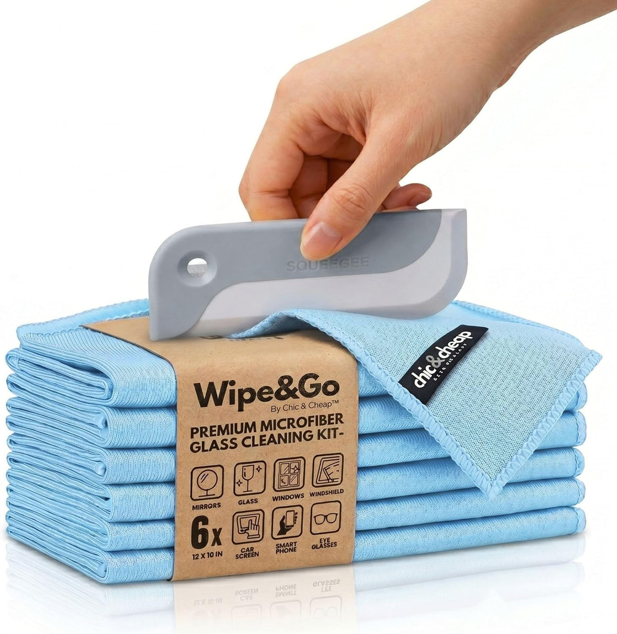 Wipe&GO Glass Cleaning Cloths – 6 Premium Diamond Weave Microfiber Towels (12x16") for Windows, Mirrors & Screens – Water Only Streak-Free Cleaning Cloths for Home & Car + Bonus Mini Silicone Squeegee