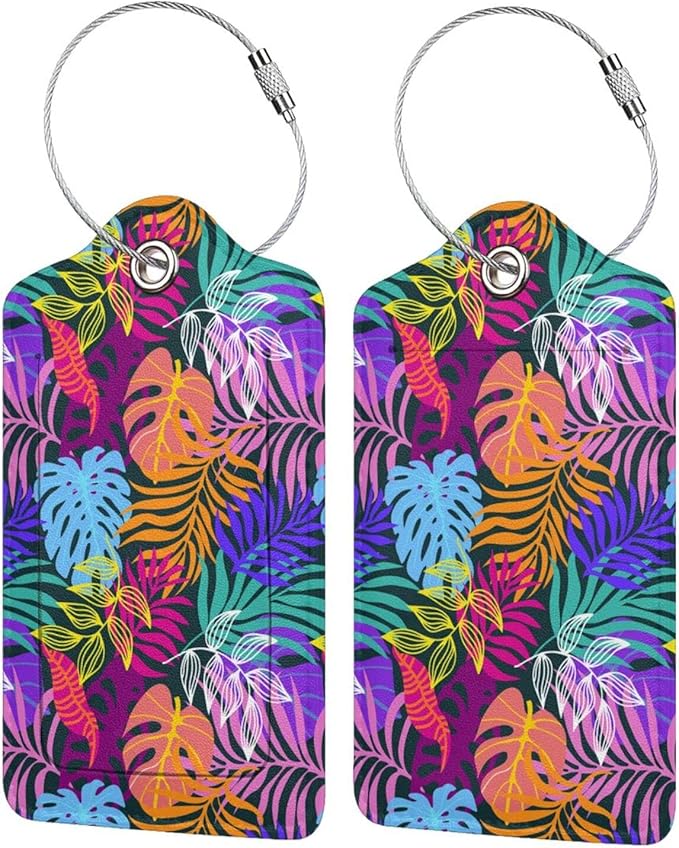 2PC Tropical Leaves Luggage Tags for Travel, Colorful Summer Scenery Suitcase Tag Privacy Name ID Card Quick to Find Out Travel Bag Labels for Holiday Honeymoon Wedding