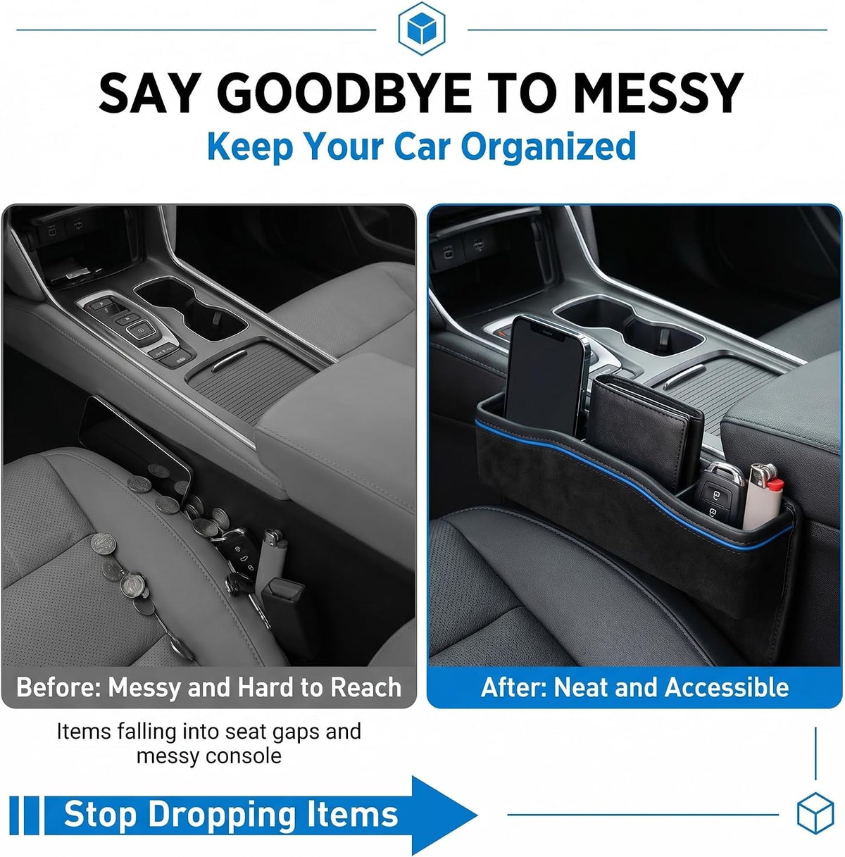 1 PC Car Seat Gap Filler Organizer, Leather Storage Box with Cable Port, Anti-drop Multi-functional Console Cushion, Universal for Most Cars, Trucks, SUVs (Black)