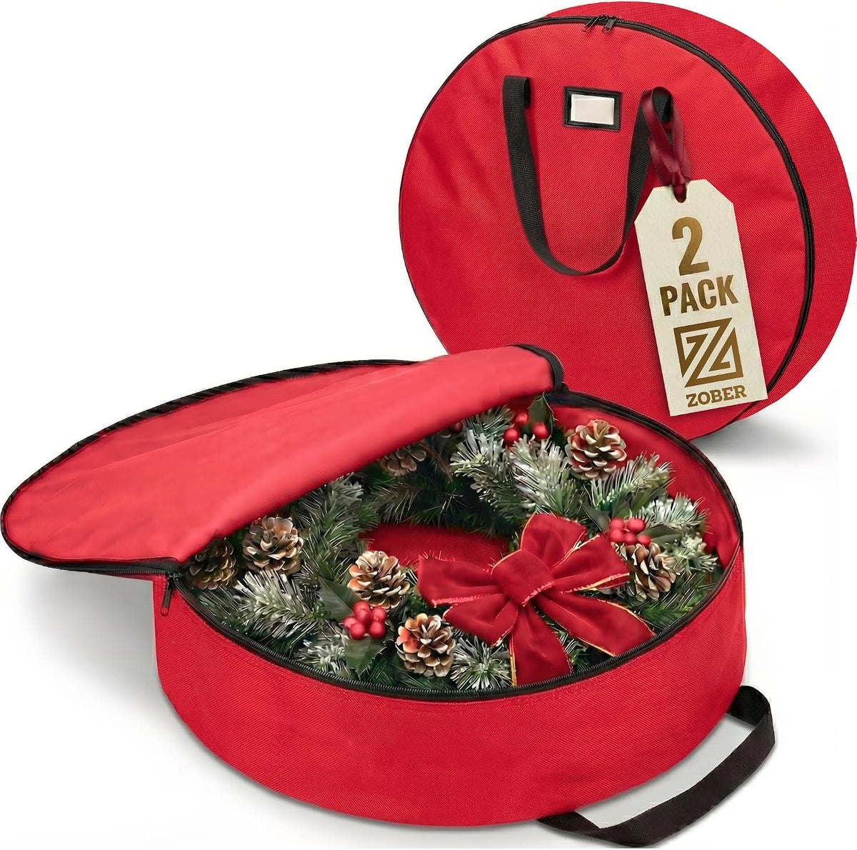 ZOBER 2 Pack Oxford Christmas Wreath Storage Container 36 Inch - Wreath Bag for Artificial Wreaths Box - Waterproof Fabric, Dual Zippered Wreaths Storage Bag With Strong Durable Handles - Red