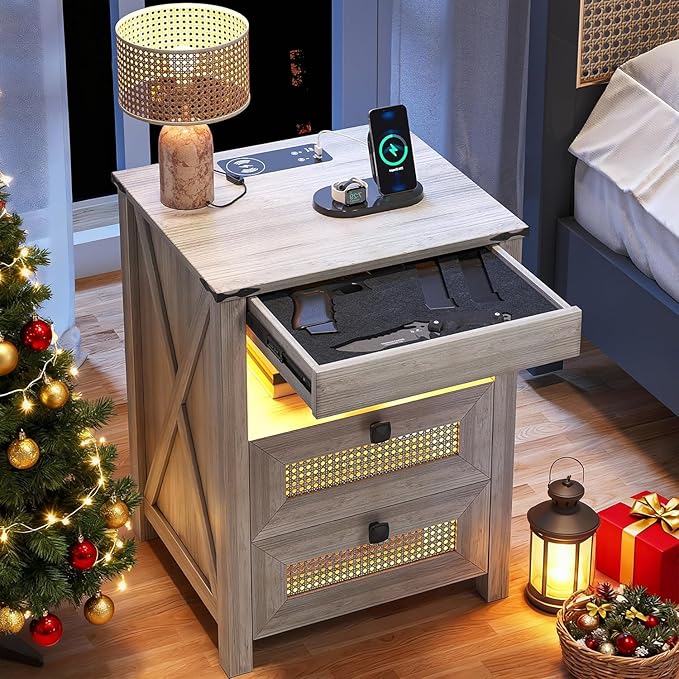 Night Stand with Gun Drawer, Bedside Table with Charging Station & LED Light, Gun Nightstand for Bedroom Living Room, Rustic Grey