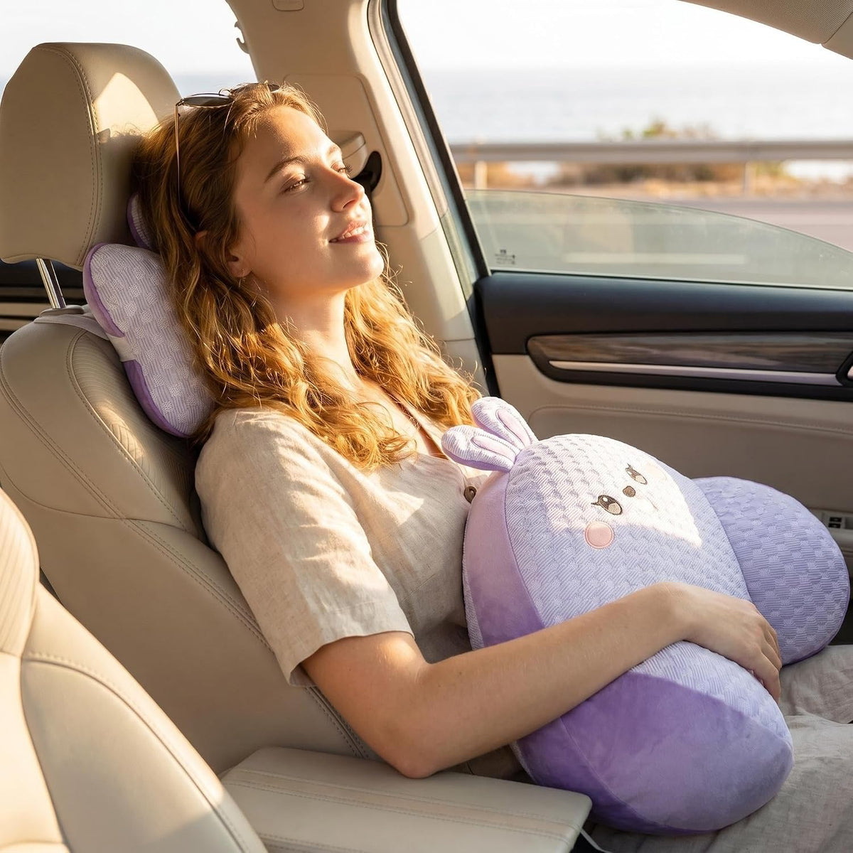 Car Neck Pillow and Lumbar Support Set, Cute Animal Soft Plush Ergonomic Back Cushion for Driving, Travel Seat Headrest Pillow(Set of 2) (Dog)