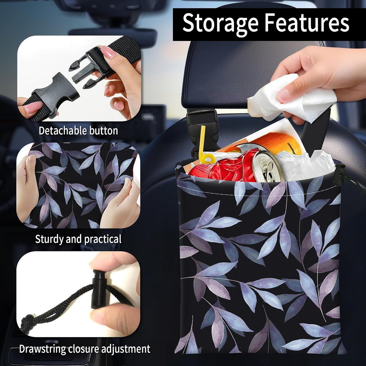 Car Trash Bag Large Hanging Can for Back of Seat, Cute Waterproof Car Garbage Bag for Vehicle, Travelling, Outdoor Cute Blue Black Leaf