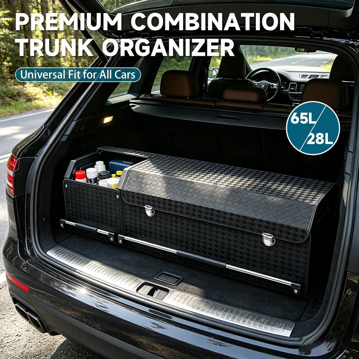 Leather Trunk Organizer, Waterproof Combination of Car Storage Organizer | 40.1*11.4*12.2in, Diamond-Pattern Leather, Heavy Duty, With Lid & Push-Pull Handle, for Groceries, Commute, Road Trips, Home