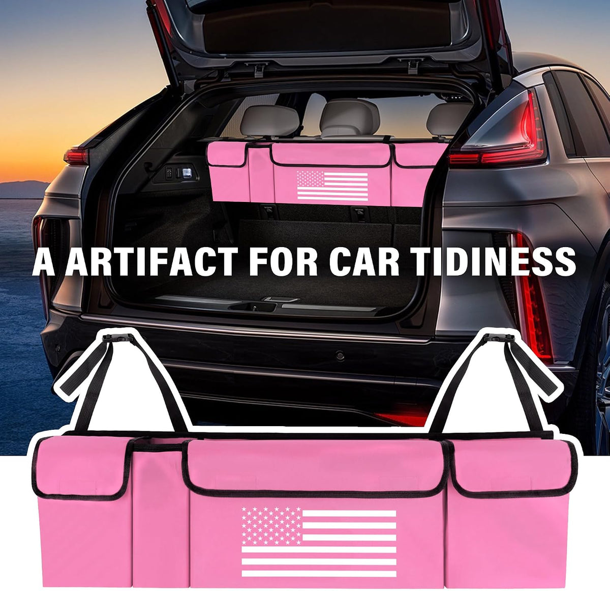 Turcee Car Trunk Organizer,Large Capacity Car Storage Organizer with US Flag Design,Hanging Foldable Car Organizers and Storage Car Interior Accessories (Pink)