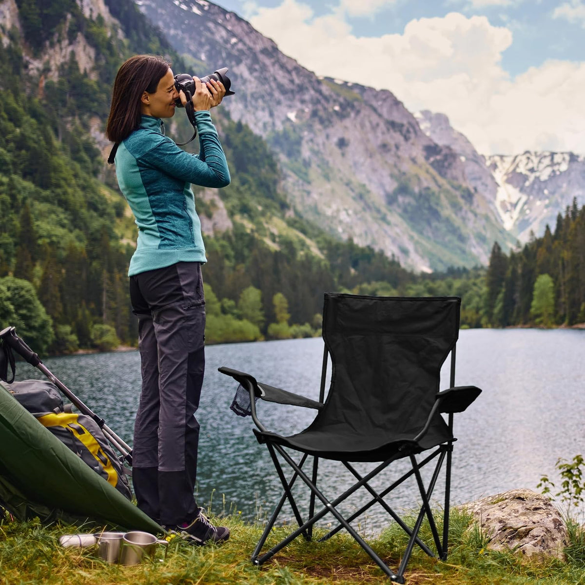 Skiennix Lightweight Folding Camping Chairs - 2 Pack with Cup Holder & Carry Bag for Outdoor Activities | Black, Medium