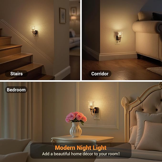 JandCase Night Light, 2 Pack Glass Night Lights Plug into Wall, Dimmable Floral